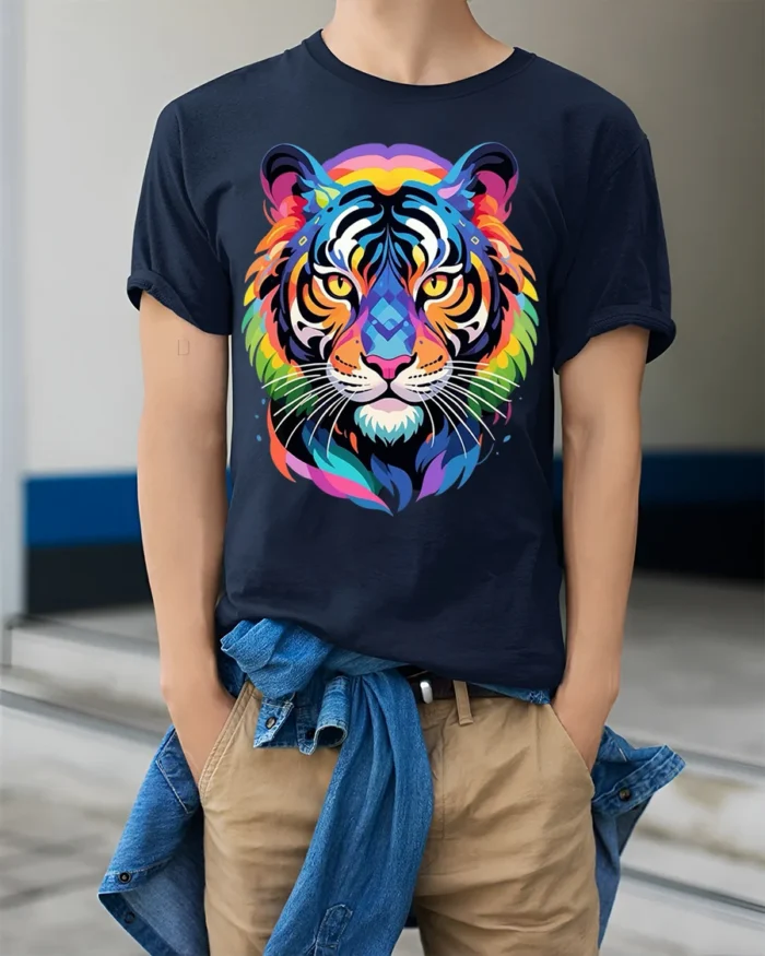 Geometric Rainbow Tiger Face Graphic T-Shirt - model wearing navy shirt, hands in pockets