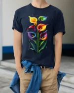 Rainbow Calla Lily Art Print T-Shirt - model wearing navy shirt, hands in pockets