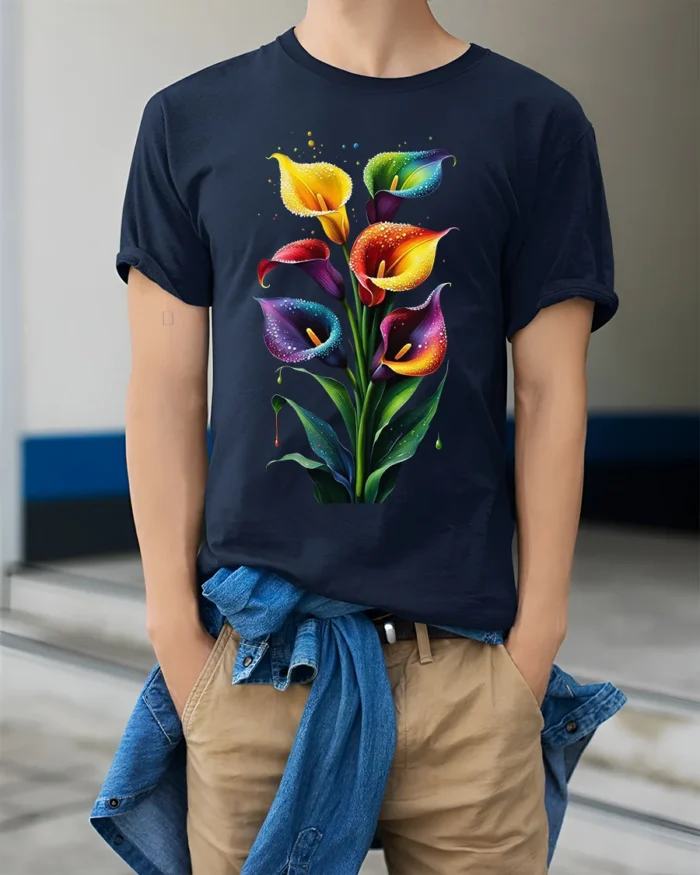 Rainbow Calla Lily Art Print T-Shirt - model wearing navy shirt, hands in pockets