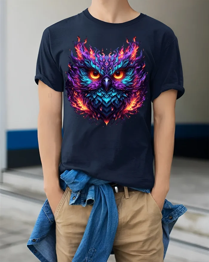 Flaming Owl T-Shirt with Fiery Abstract Art Design - model wearing navy shirt, hands in pockets