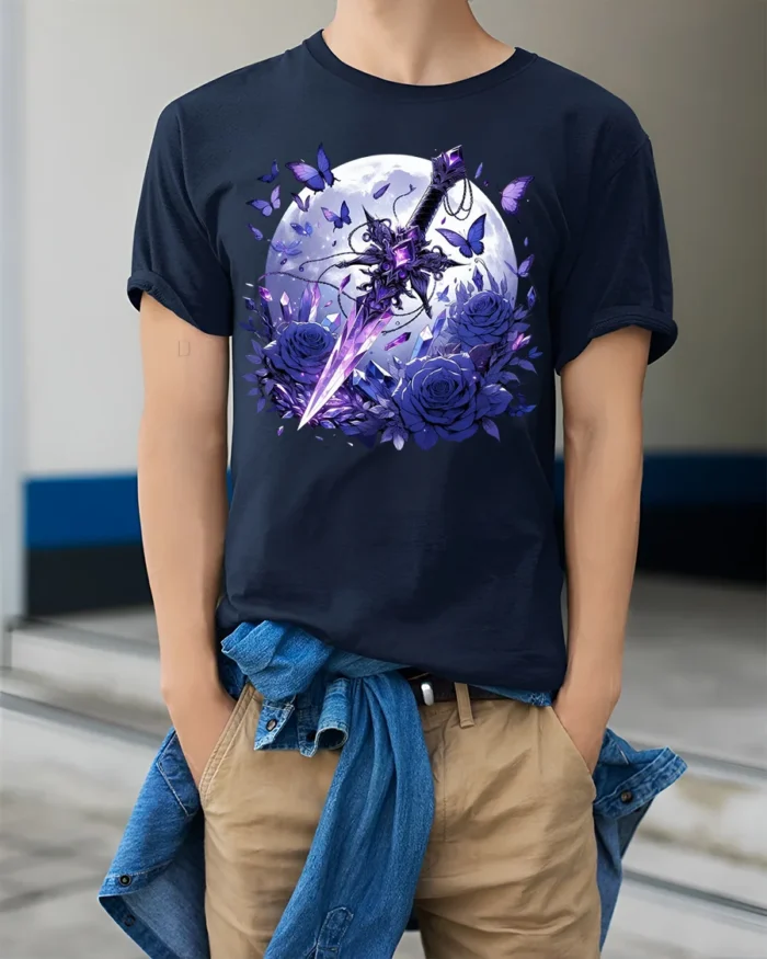 Moon Sword and Blue Rose Fantasy T-Shirt Design - model wearing navy shirt, hands in pockets