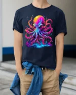 Psychedelic Octopus T-Shirt with Neon Ink Print - model wearing navy shirt, hands in pockets