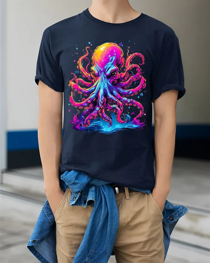 Psychedelic Octopus T-Shirt with Neon Ink Print - model wearing navy shirt, hands in pockets