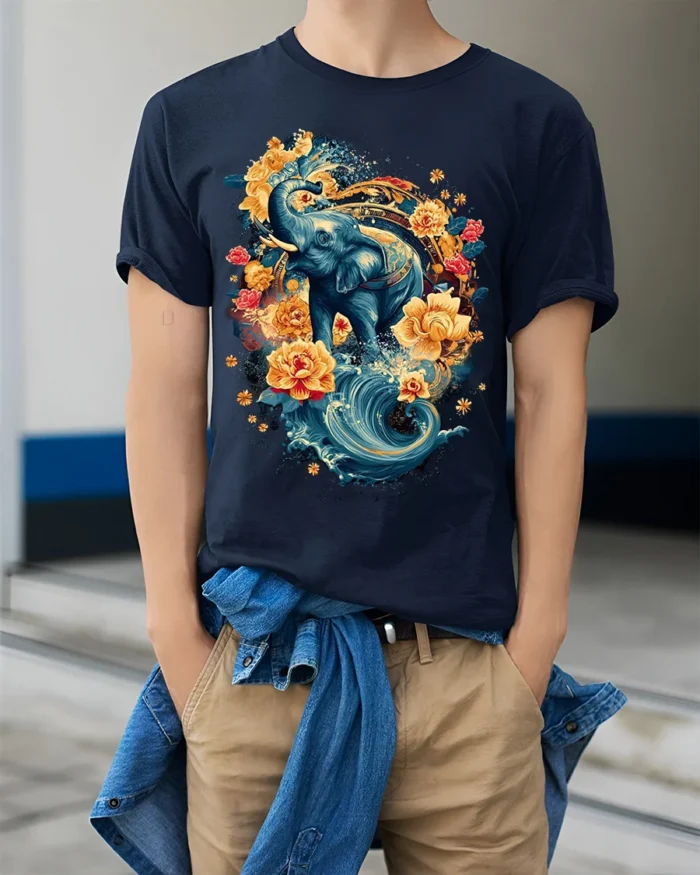 Floral Elephant T-Shirt with Water and Lotus Art - model wearing navy shirt, hands in pockets