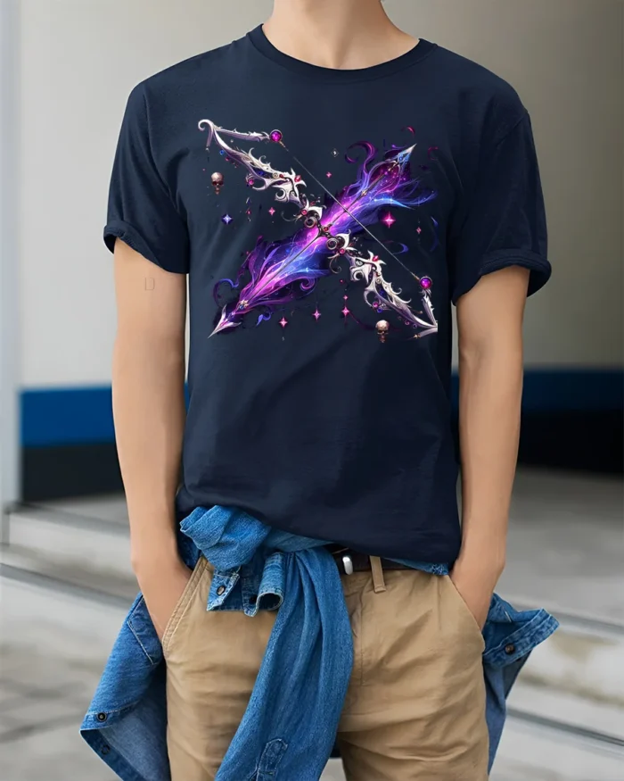 Galaxy Magic Bow T-Shirt with Fantasy Weapon Art - model wearing navy shirt, hands in pockets