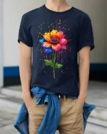 Color Splash Flower T-Shirt with Artistic Design - model wearing navy shirt, hands in pockets