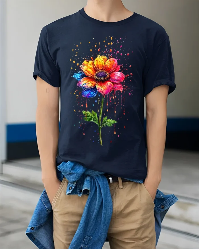 Color Splash Flower T-Shirt with Artistic Design - model wearing navy shirt, hands in pockets