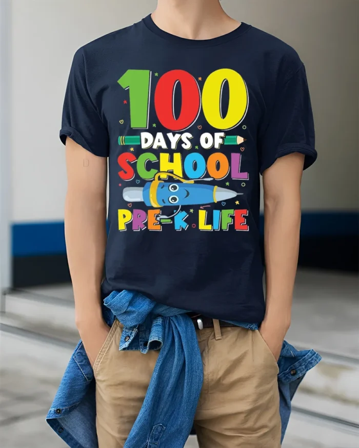 100 Days of School Pre-K Life T-Shirt - model wearing navy shirt, hands in pockets