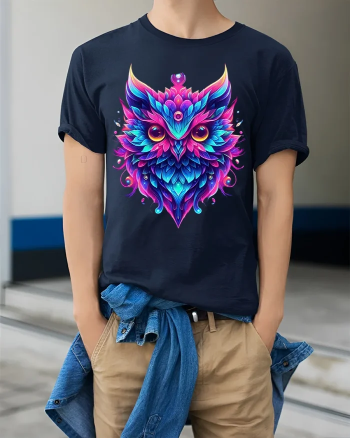 Colorful Owl Spirit Graphic T-Shirt - model wearing navy shirt, hands in pockets