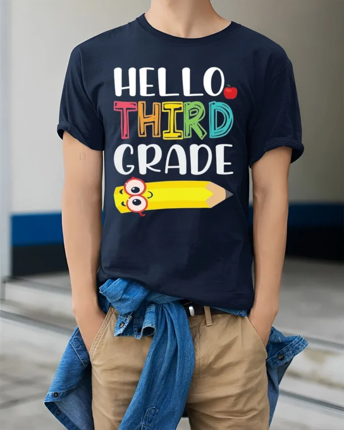Hello Third Grade T-Shirt Cute Back to School Tee - model wearing navy shirt, hands in pockets