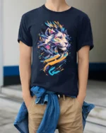 Abstract Colorful Lion Graphic T-Shirt - model wearing navy shirt, hands in pockets