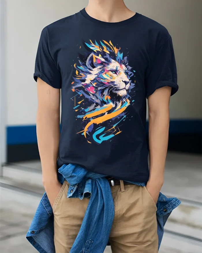 Abstract Colorful Lion Graphic T-Shirt - model wearing navy shirt, hands in pockets