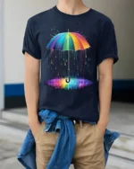 Rainbow Umbrella Abstract Rain Printed T-Shirt - model wearing navy shirt, hands in pockets