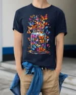 Colorful Butterflies in Jar Graphic T-Shirt - model wearing navy shirt, hands in pockets