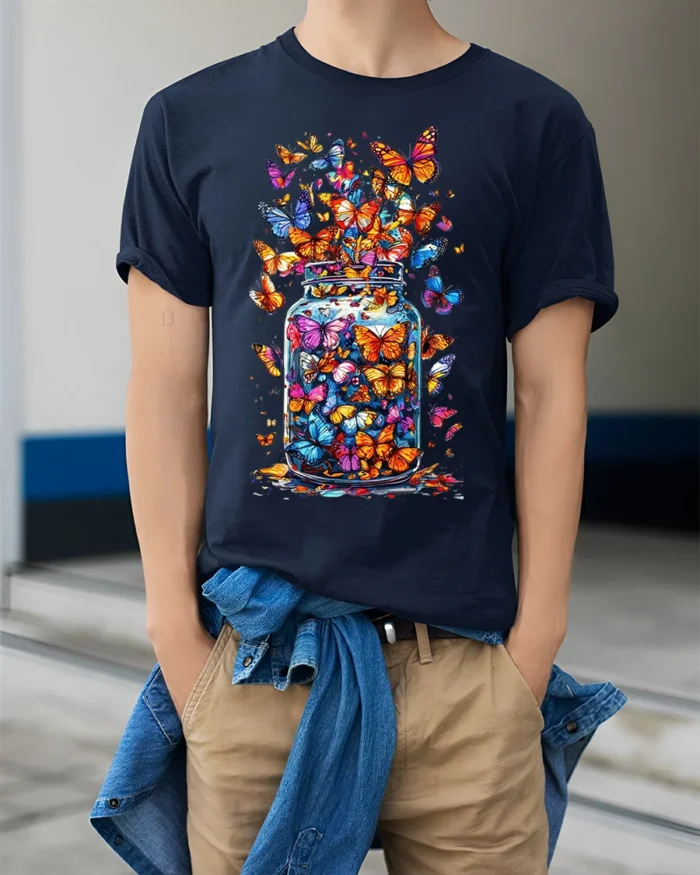 Colorful Butterflies in Jar Graphic T-Shirt - model wearing navy shirt, hands in pockets