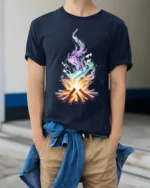 Colorful Flame Campfire Art Printed T-Shirt - model wearing navy shirt, hands in pockets