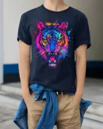 Neon Tiger Face Psychedelic Art T-Shirt - model wearing navy shirt, hands in pockets