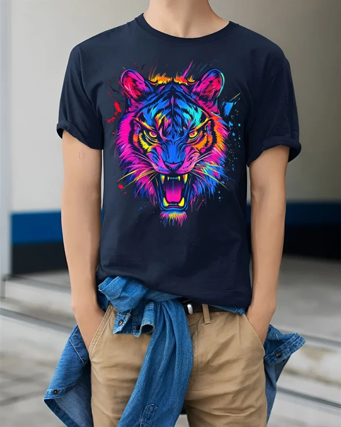 Neon Tiger Face Psychedelic Art T-Shirt - model wearing navy shirt, hands in pockets