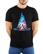 Colorful Galaxy Campfire Art Printed T-Shirt - model wearing black shirt, hands behind back