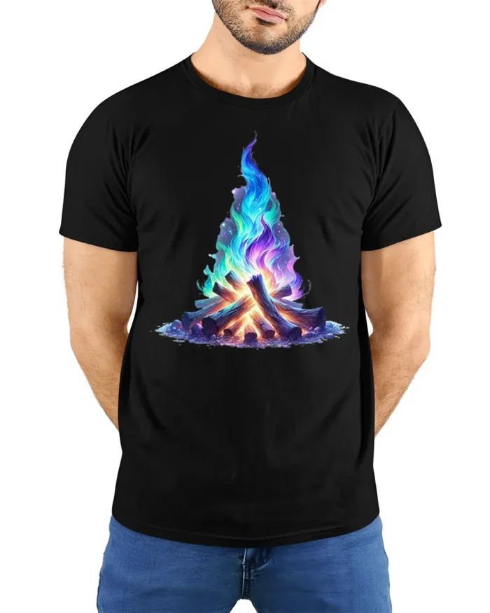 Colorful Galaxy Campfire Art Printed T-Shirt - model wearing black shirt, hands behind back