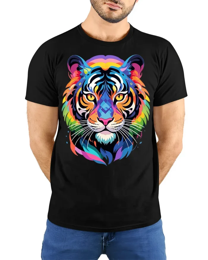 Geometric Rainbow Tiger Face Graphic T-Shirt - model wearing black shirt, hands behind back