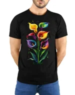 Rainbow Calla Lily Art Print T-Shirt - model wearing black shirt, hands behind back