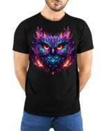 Flaming Owl T-Shirt with Fiery Abstract Art Design - model wearing black shirt, hands behind back