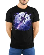 Moon Sword and Blue Rose Fantasy T-Shirt Design - model wearing black shirt, hands behind back