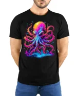 Psychedelic Octopus T-Shirt with Neon Ink Print - model wearing black shirt, hands behind back