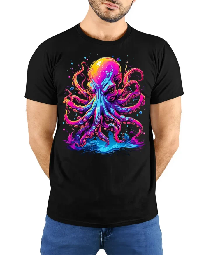 Psychedelic Octopus T-Shirt with Neon Ink Print - model wearing black shirt, hands behind back