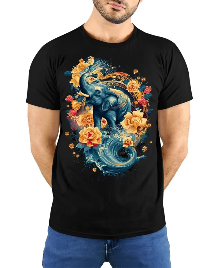 Floral Elephant T-Shirt with Water and Lotus Art - model wearing black shirt, hands behind back