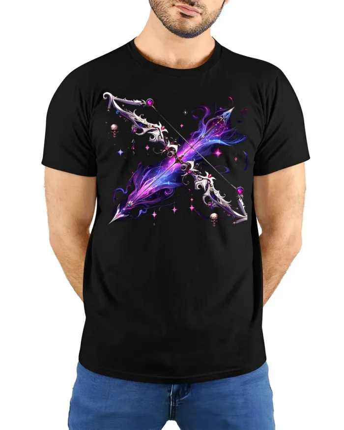 Galaxy Magic Bow T-Shirt with Fantasy Weapon Art - model wearing black shirt, hands behind back