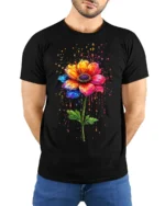 Color Splash Flower T-Shirt with Artistic Design - model wearing black shirt, hands behind back