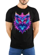 Colorful Owl Spirit Graphic T-Shirt - model wearing black shirt, hands behind back