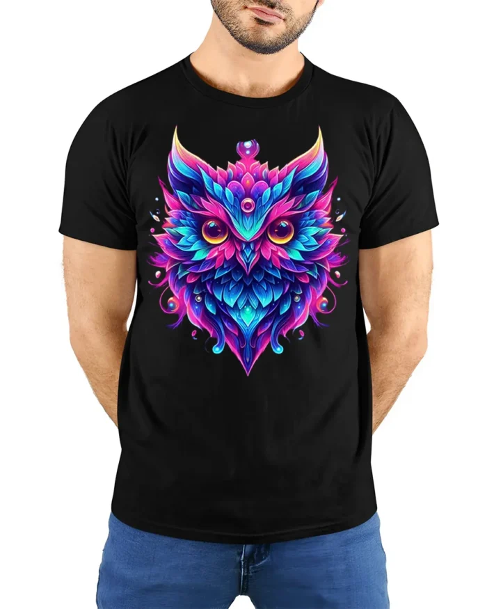 Colorful Owl Spirit Graphic T-Shirt - model wearing black shirt, hands behind back
