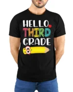 Hello Third Grade T-Shirt Cute Back to School Tee - model wearing black shirt, hands behind back