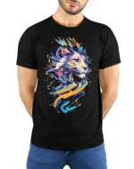 Abstract Colorful Lion Graphic T-Shirt - model wearing black shirt, hands behind back