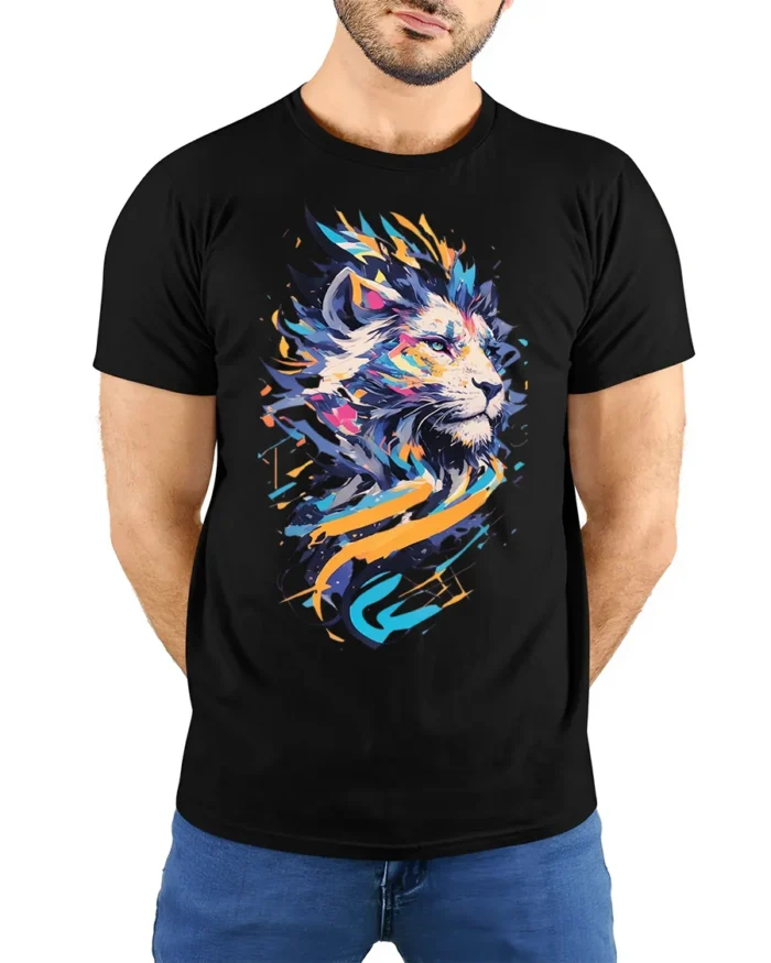 Abstract Colorful Lion Graphic T-Shirt - model wearing black shirt, hands behind back