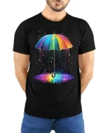 Rainbow Umbrella Abstract Rain Printed T-Shirt - model wearing black shirt, hands behind back