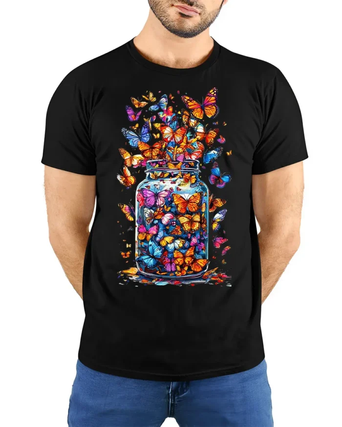 Colorful Butterflies in Jar Graphic T-Shirt - model wearing black shirt, hands behind back
