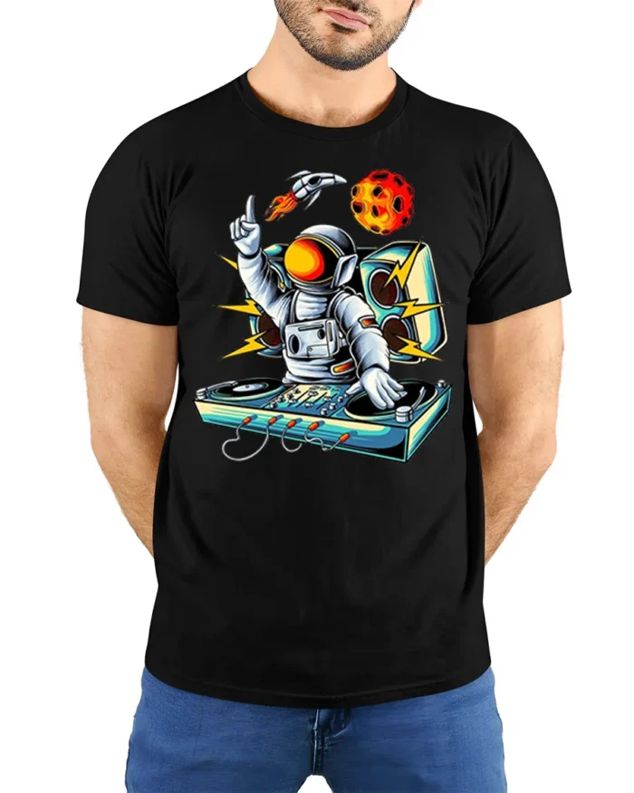 Astronaut DJ Space Music Graphic T-Shirt - model wearing black shirt, hands behind back