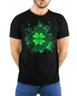 Celtic Shamrock Irish Lucky Clover T-Shirt - model wearing black shirt, hands behind back