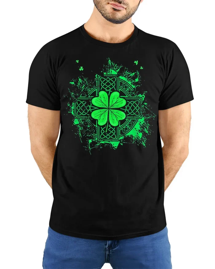 Celtic Shamrock Irish Lucky Clover T-Shirt - model wearing black shirt, hands behind back