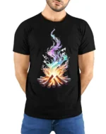 Colorful Flame Campfire Art Printed T-Shirt - model wearing black shirt, hands behind back