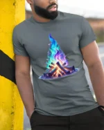 Colorful Galaxy Campfire Art Printed T-Shirt - model in grey shirt leaning against column