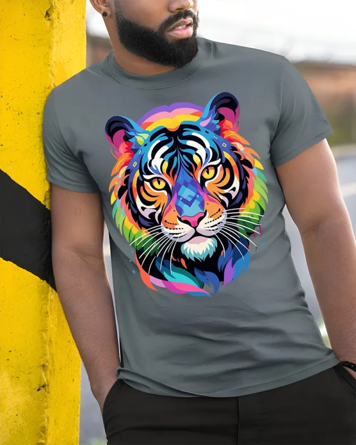 Geometric Rainbow Tiger Face Graphic T-Shirt - model in grey shirt leaning against column
