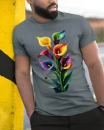 Rainbow Calla Lily Art Print T-Shirt - model in grey shirt leaning against column