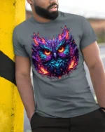 Flaming Owl T-Shirt with Fiery Abstract Art Design - model in grey shirt leaning against column