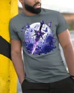 Moon Sword and Blue Rose Fantasy T-Shirt Design - model in grey shirt leaning against column