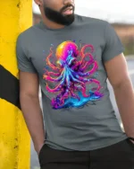 Psychedelic Octopus T-Shirt with Neon Ink Print - model in grey shirt leaning against column